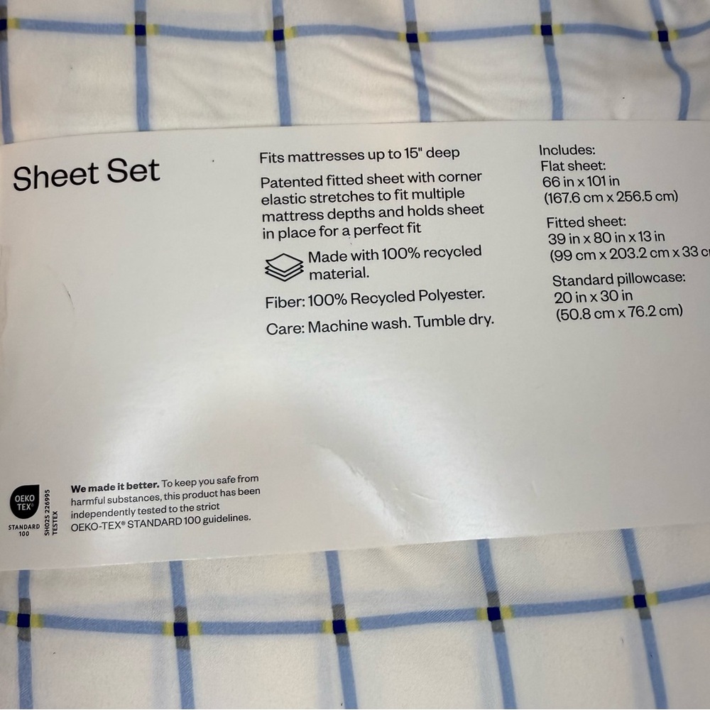 Room Essentials Twin Sheet Set Blue Grid Microfiber Twin XL Compatible NWT - Picture 6 of 7